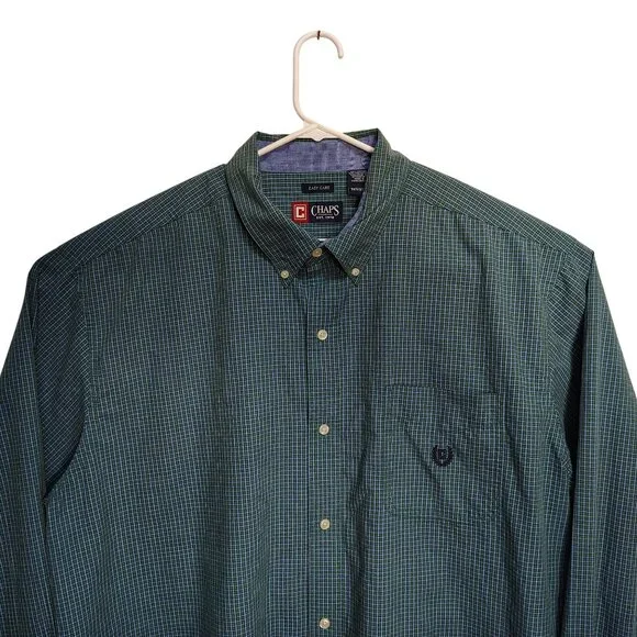 Chaps Mens 3XLT Easy Care Button-Down Green and Blue Plaid Long Sleeve Shirt - Picture 2 of 7